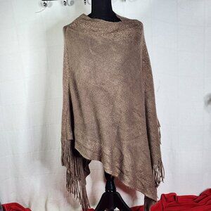 Unbranded Womens Dark Tan with Gold Metallic Trim Acrylic Sweater Poncho OSFM